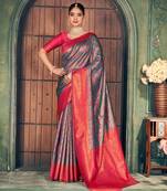 Grey silk zari woven saree with blouse