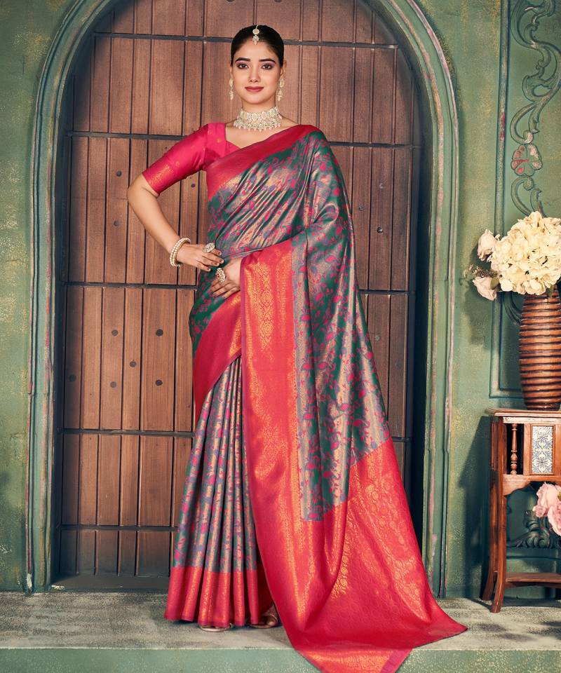 Grey silk zari woven saree with blouse