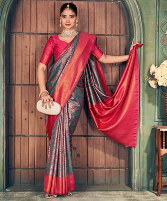 Grey silk zari woven saree with blouse 2