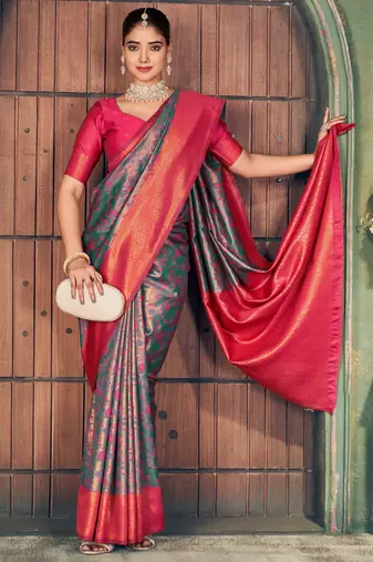 Grey silk zari woven saree with blouse