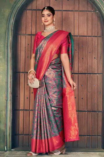Grey silk zari woven saree with blouse