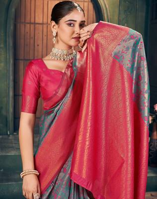 Grey silk zari woven saree with blouse 4