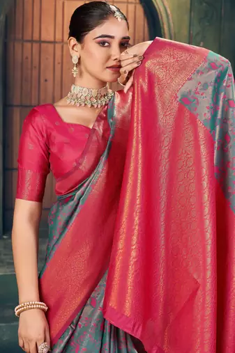 Grey silk zari woven saree with blouse