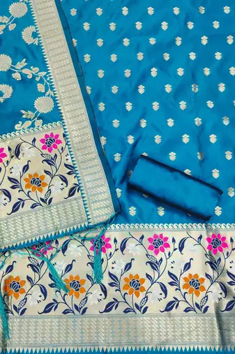Skyblue Soft Banarasi silk zari woven design dress material