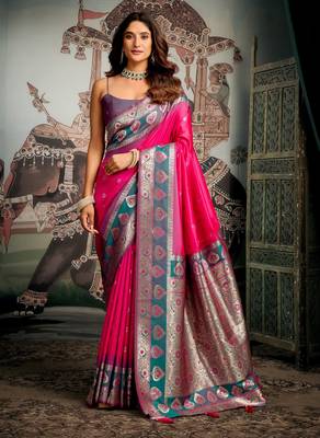 Pink soft silk zari woven saree with blouse 1