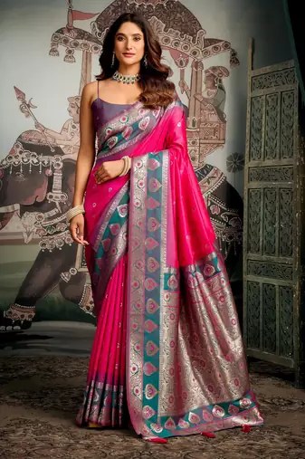 Pink soft silk zari woven saree with blouse