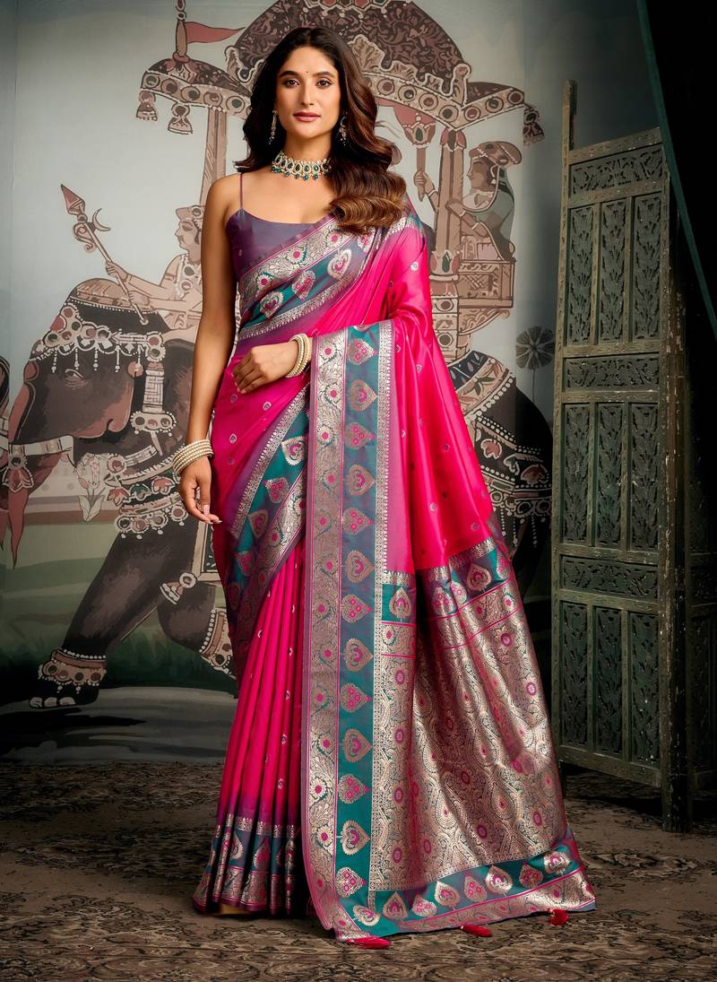 Pink soft silk zari woven saree with blouse