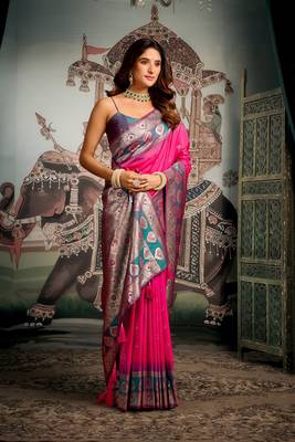 Pink soft silk zari woven saree with blouse 2