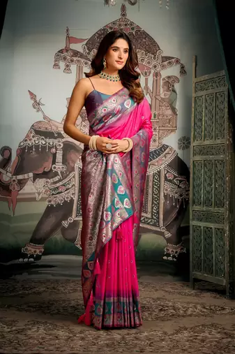 Pink soft silk zari woven saree with blouse