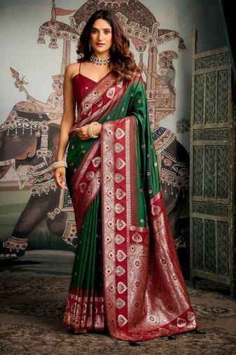 Bottle green soft silk zari woven saree with blouse