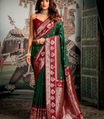 Bottle green soft silk zari woven saree with blouse