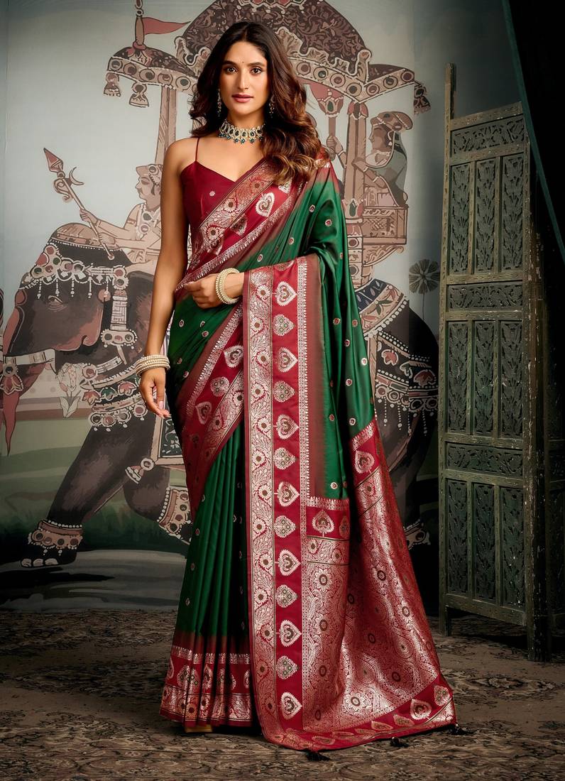 Bottle green soft silk zari woven saree with blouse