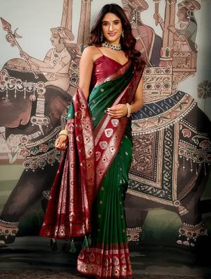 bottle green festive wear zari woven soft silk saree 2