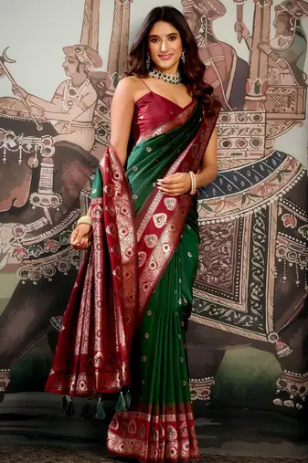 bottle green festive wear zari woven soft silk saree