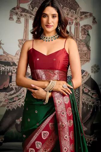 bottle green festive wear zari woven soft silk saree
