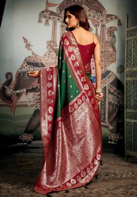 bottle green festive wear zari woven soft silk saree 5