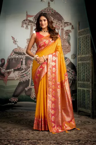 Yellow soft silk zari woven saree with blouse