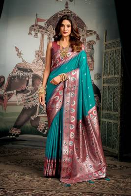 turquoise festive wear zari woven soft silk saree 1