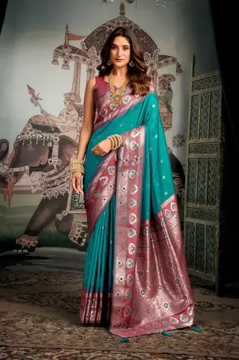 Turquoise soft silk zari woven saree with blouse
