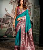 Turquoise soft silk zari woven saree with blouse