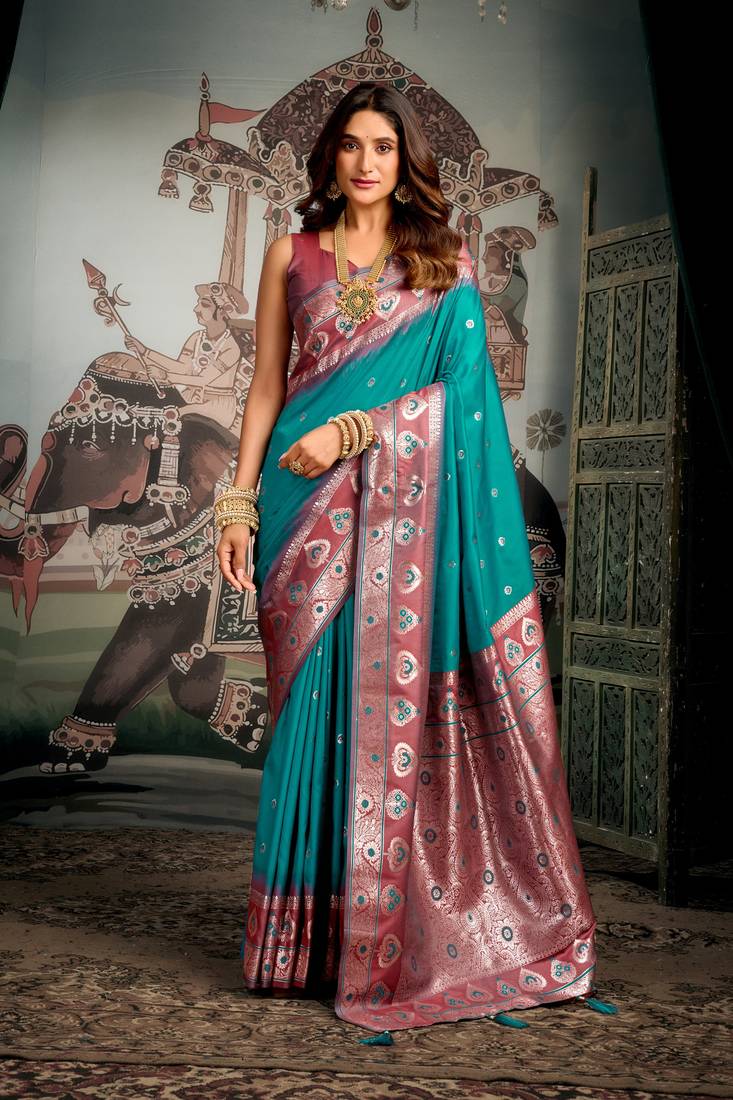 Turquoise soft silk zari woven saree with blouse