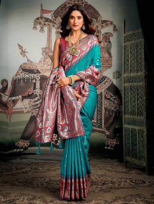 turquoise festive wear zari woven soft silk saree 2