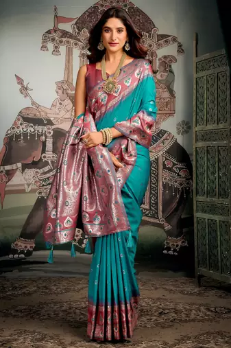 turquoise festive wear zari woven soft silk saree