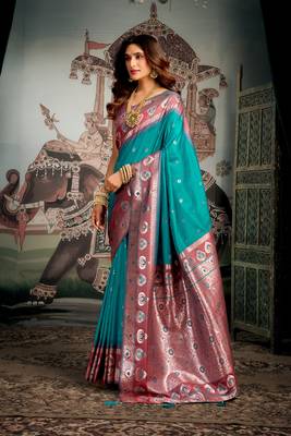 turquoise festive wear zari woven soft silk saree 3