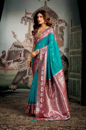 turquoise festive wear zari woven soft silk saree