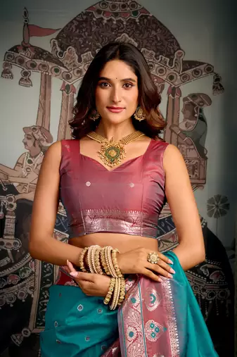 turquoise festive wear zari woven soft silk saree