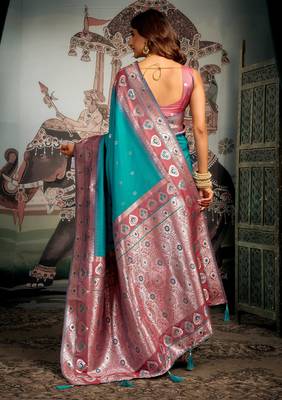 turquoise festive wear zari woven soft silk saree 5
