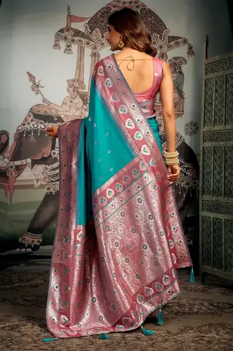 turquoise festive wear zari woven soft silk saree