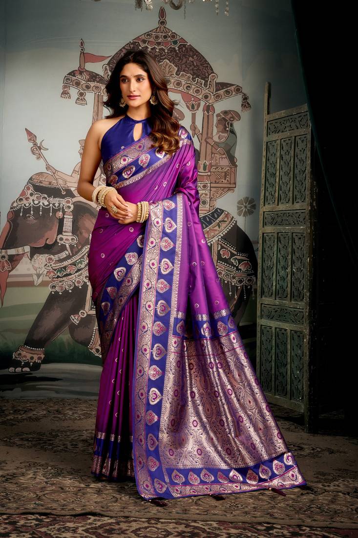 Purple soft silk zari woven saree with blouse