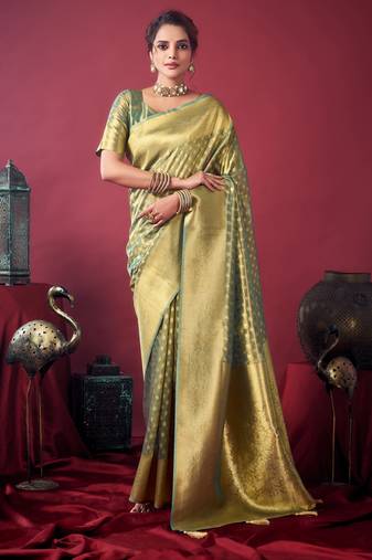 Grey tissue silk zari woven saree with blouse