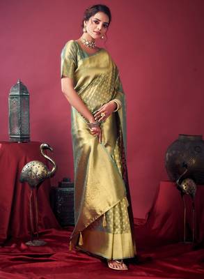 golden green tissue silk zari woven saree 2
