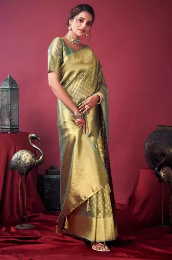 golden green tissue silk zari woven saree