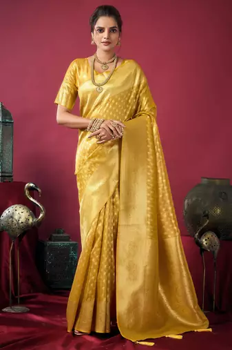 Mustard tissue silk zari woven saree with blouse
