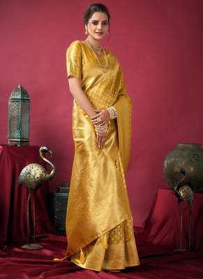 Mustard tissue silk zari woven saree with blouse 2