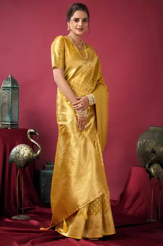 Mustard tissue silk zari woven saree with blouse