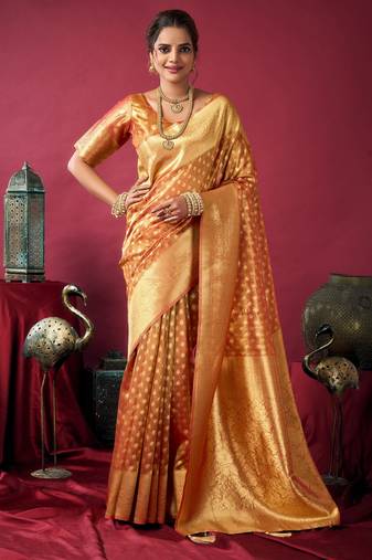Orange tissue silk zari woven saree with blouse