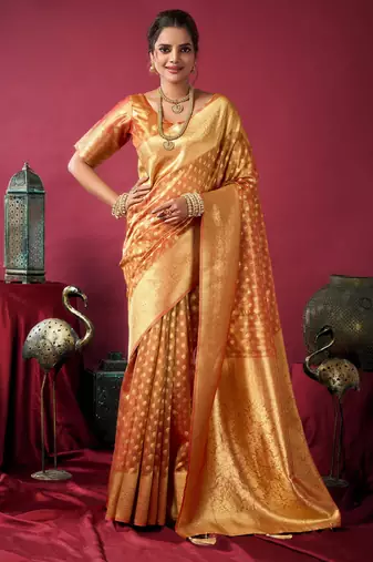 Orange tissue silk zari woven saree with blouse