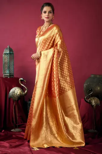 Orange tissue silk zari woven saree with blouse