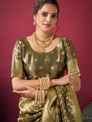 Mehendi tissue silk zari woven saree with blouse 4