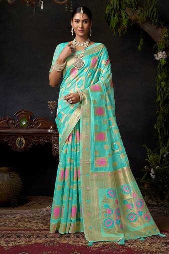 Turquoise organza khadi zari woven saree with blouse
