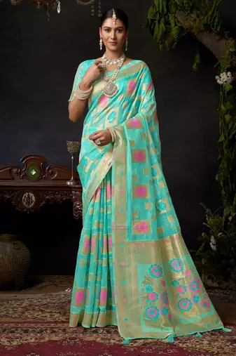 Turquoise organza khadi zari woven saree with blouse