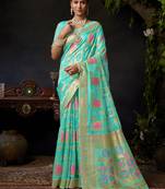 Turquoise organza khadi zari woven saree with blouse
