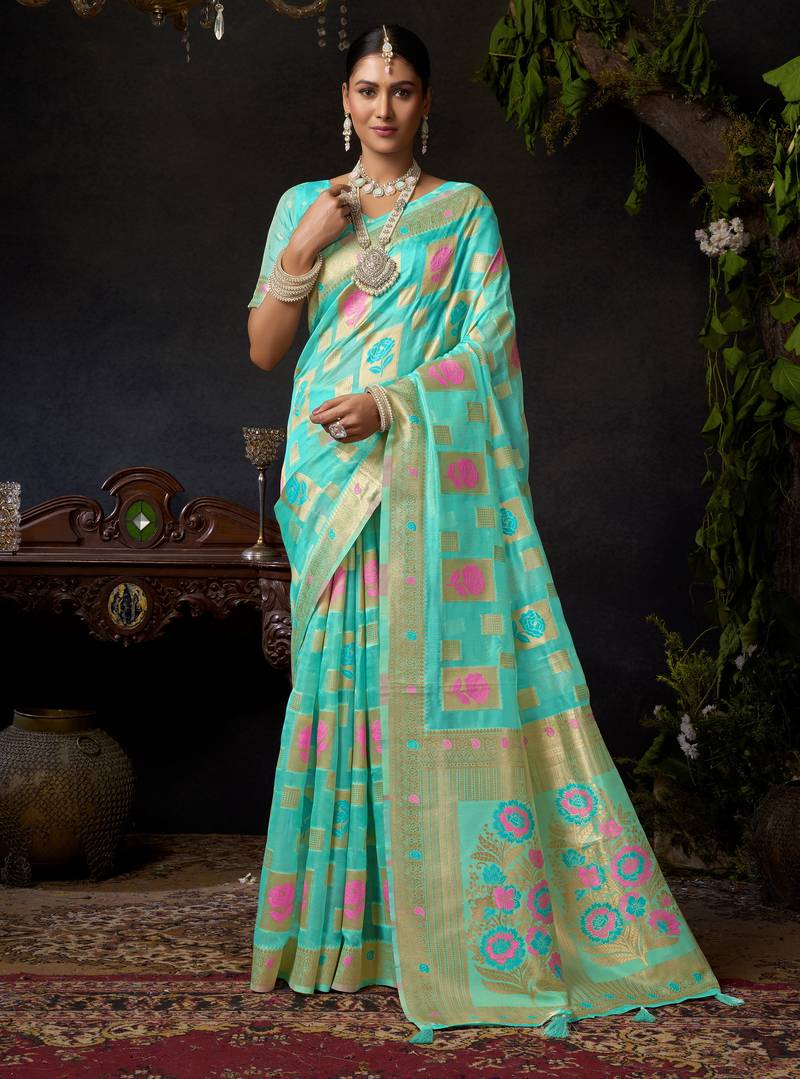 Turquoise organza khadi zari woven saree with blouse