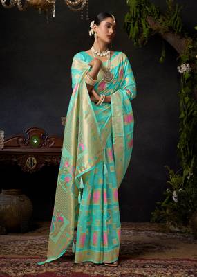 Turquoise organza khadi zari woven saree with blouse 2