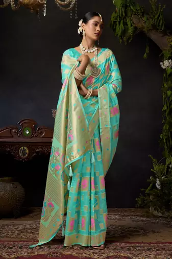 Turquoise organza khadi zari woven saree with blouse
