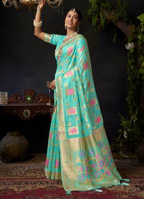 Turquoise organza khadi zari woven saree with blouse 3